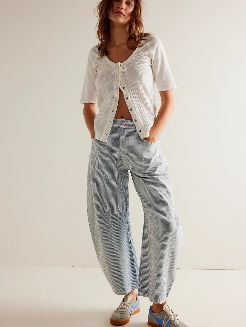 We The Free People Good Luck Barrel Jeans Railroad Stripe Paint Splatter 28